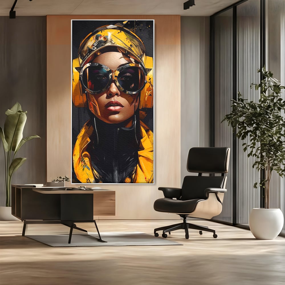 Tablou canvas cu portret digital cu femeie cyber galbena, in rama de aluminiu argintiu, pe perete intr-un birou