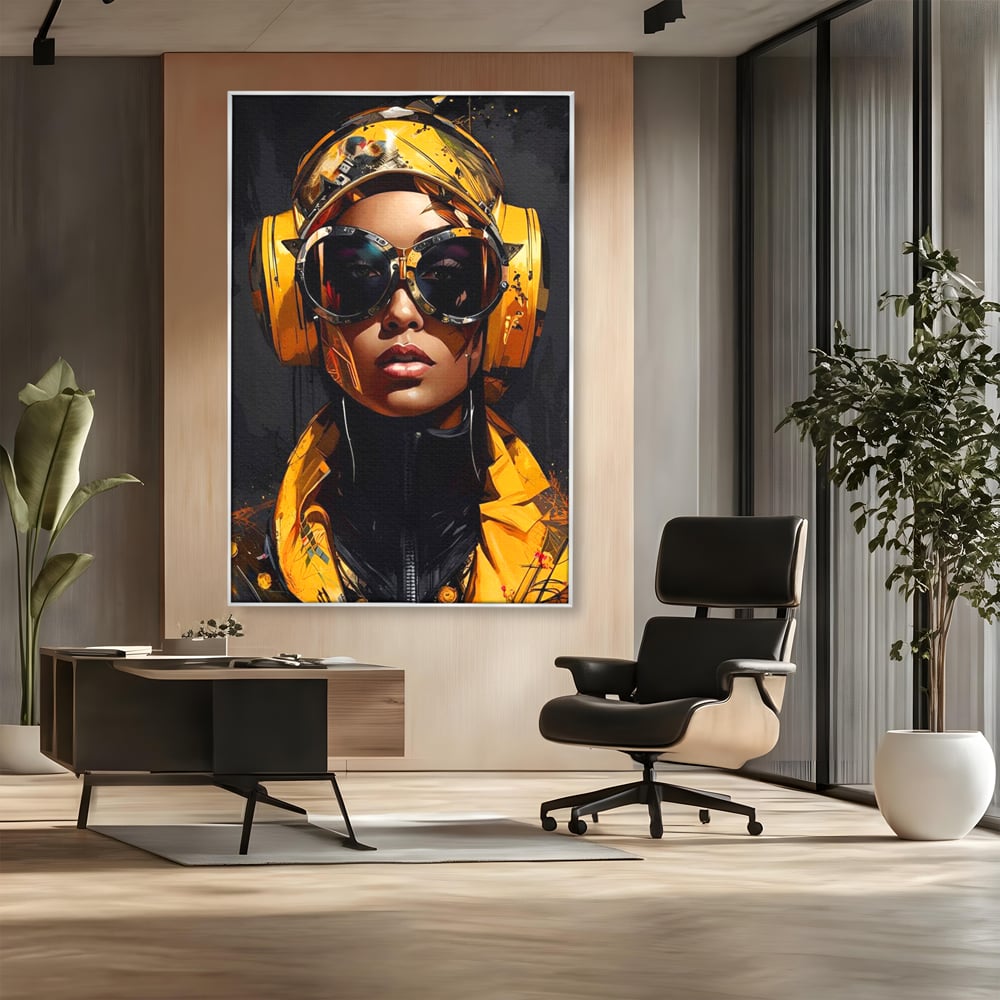 Tablou canvas cu portret digital cu femeie cyber galbena, in rama de aluminiu argintiu, pe perete intr-un birou
