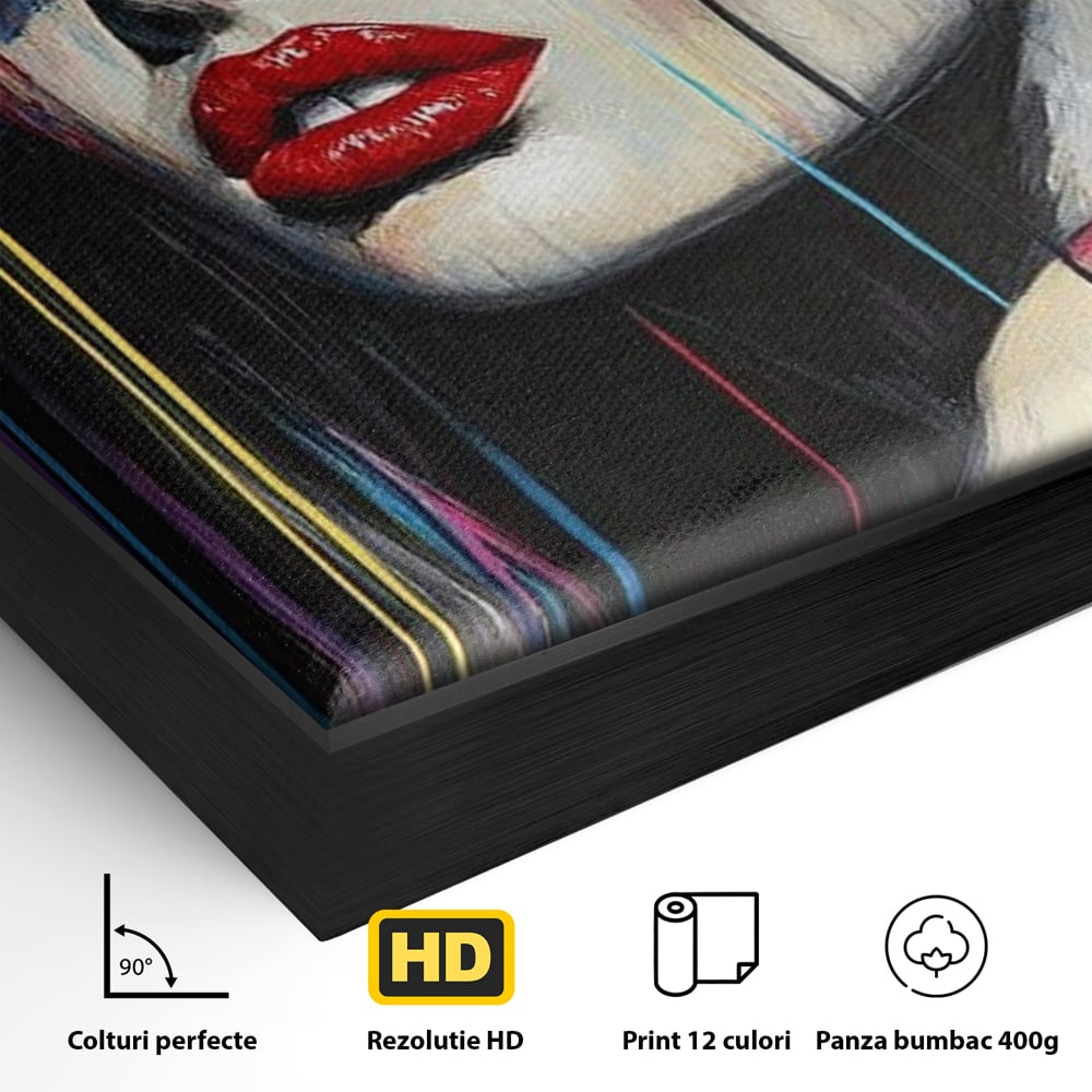 Detaliu al suprafetei: tablou canvas cu portret de femeie si buze rosii, in rama de aluminiu negru