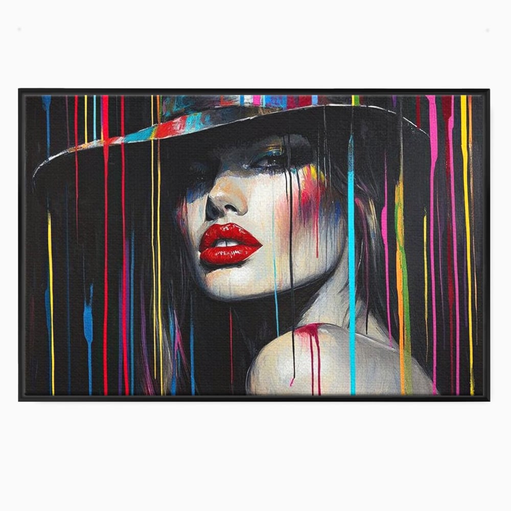 Tablou canvas cu tablou canvas cu portret de femeie si buze rosii, in rama de aluminiu negru