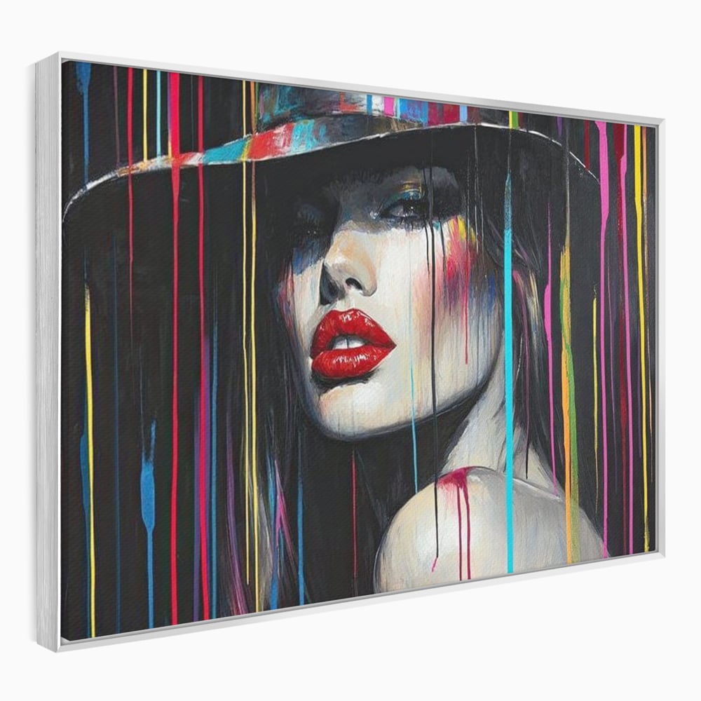 Tablou canvas cu tablou canvas cu portret de femeie si buze rosii, in rama de aluminiu argintiu