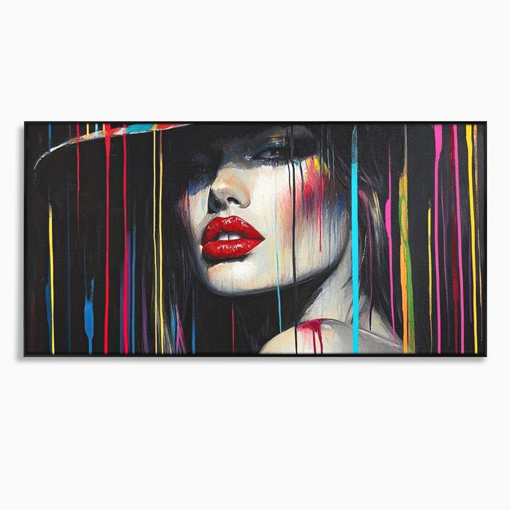 Tablou canvas cu tablou canvas cu portret de femeie si buze rosii, in rama de aluminiu negru