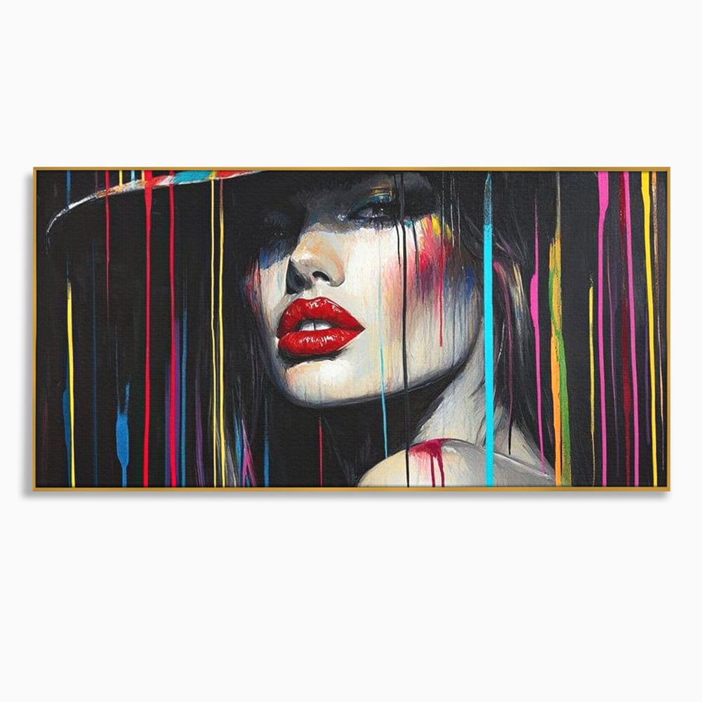 Tablou canvas cu tablou canvas cu portret de femeie si buze rosii, in rama de aluminiu auriu