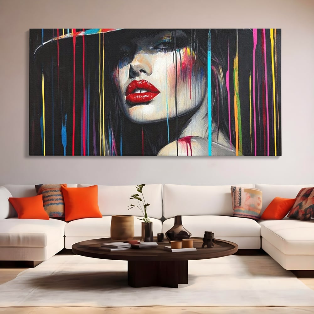 Tablou canvas cu tablou canvas cu portret de femeie si buze rosii, fara rama, pe sasiu de lemn, pe perete intr-un living