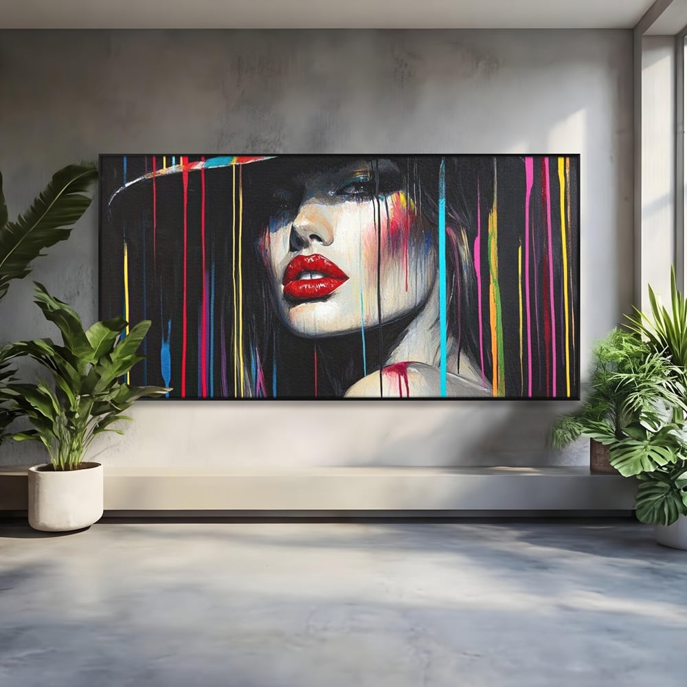 Tablou canvas cu tablou canvas cu portret de femeie si buze rosii, in rama de aluminiu negru