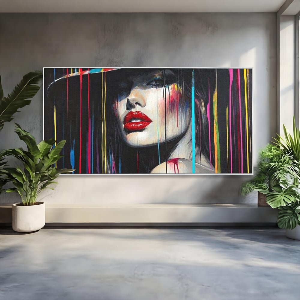 Tablou canvas cu tablou canvas cu portret de femeie si buze rosii, in rama de aluminiu argintiu