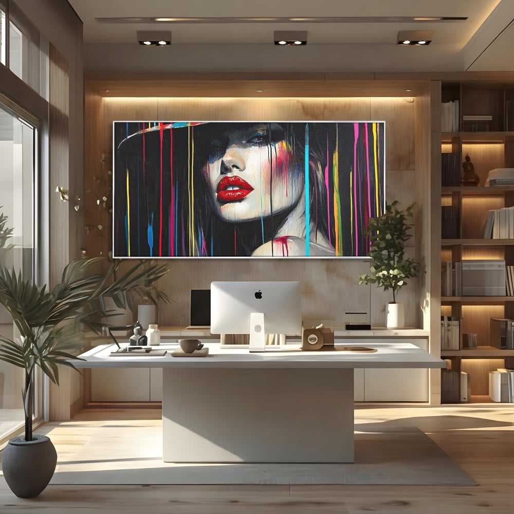 Tablou canvas cu tablou canvas cu portret de femeie si buze rosii, in rama de aluminiu argintiu, pe perete intr-un birou