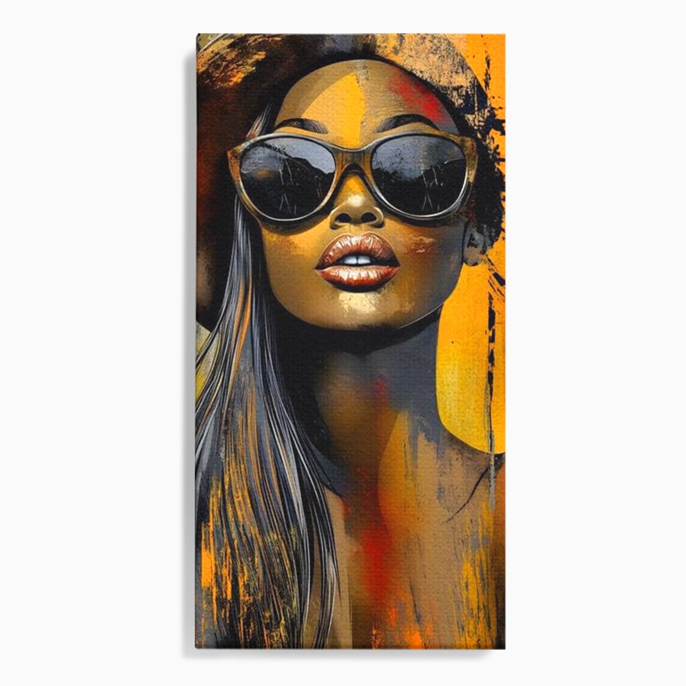 Tablou canvas cu tablou canvas cu portret de femeie ochelari de soare, fara rama, pe sasiu de lemn