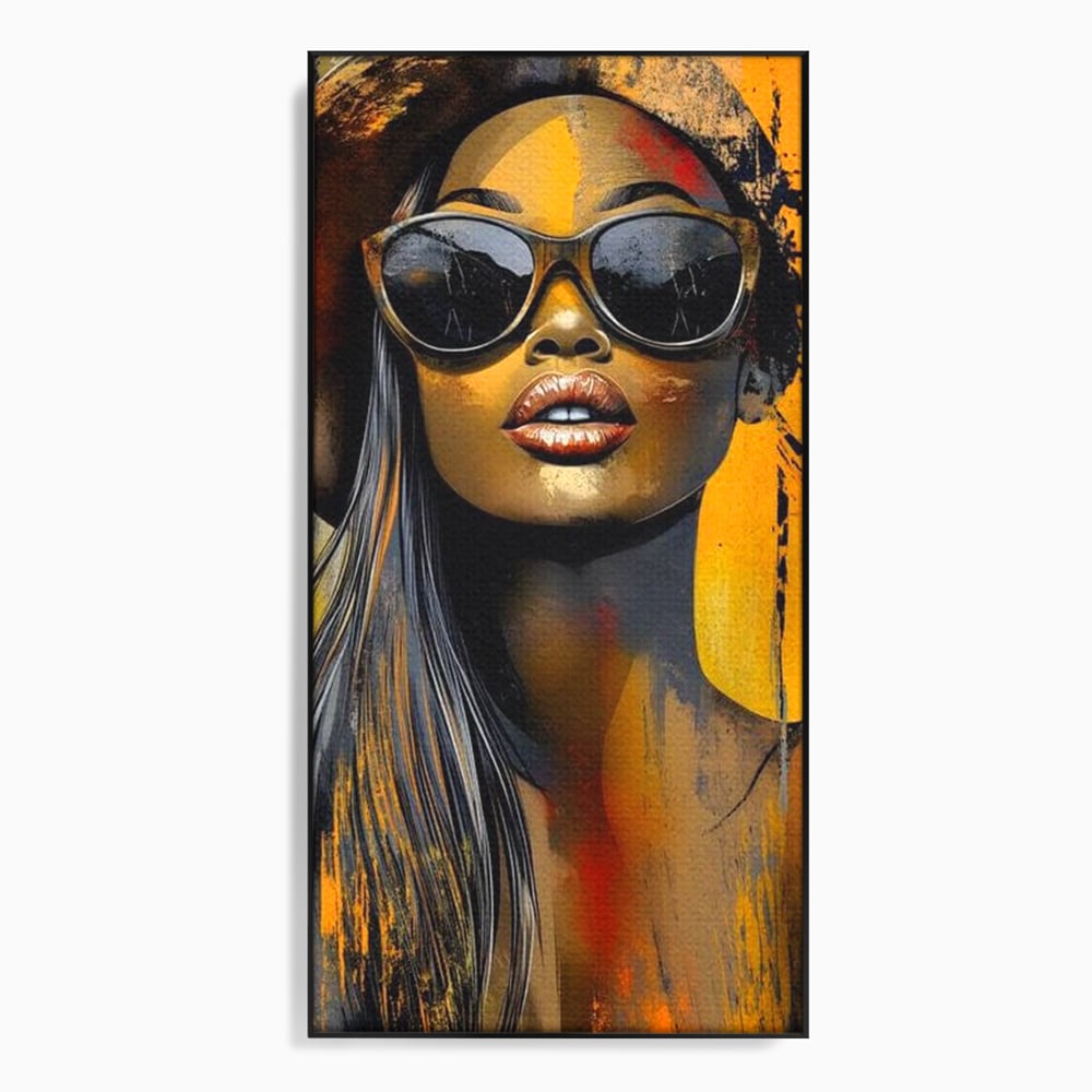 Tablou canvas cu tablou canvas cu portret de femeie ochelari de soare, in rama de aluminiu negru