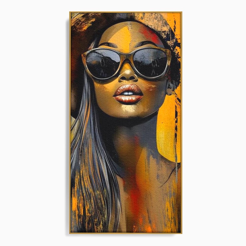 Tablou canvas cu tablou canvas cu portret de femeie ochelari de soare, in rama de aluminiu auriu