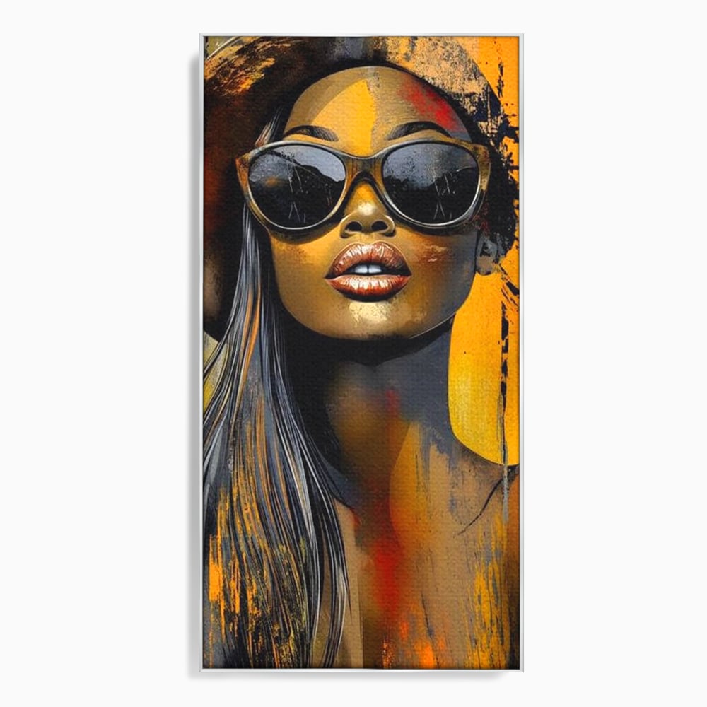 Tablou canvas cu tablou canvas cu portret de femeie ochelari de soare, in rama de aluminiu argintiu