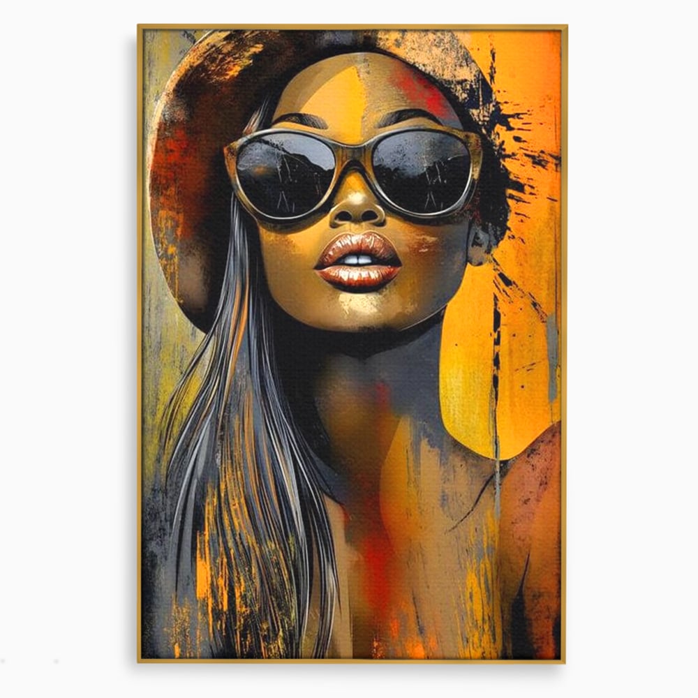 Tablou canvas cu tablou canvas cu portret de femeie ochelari de soare, in rama de aluminiu auriu