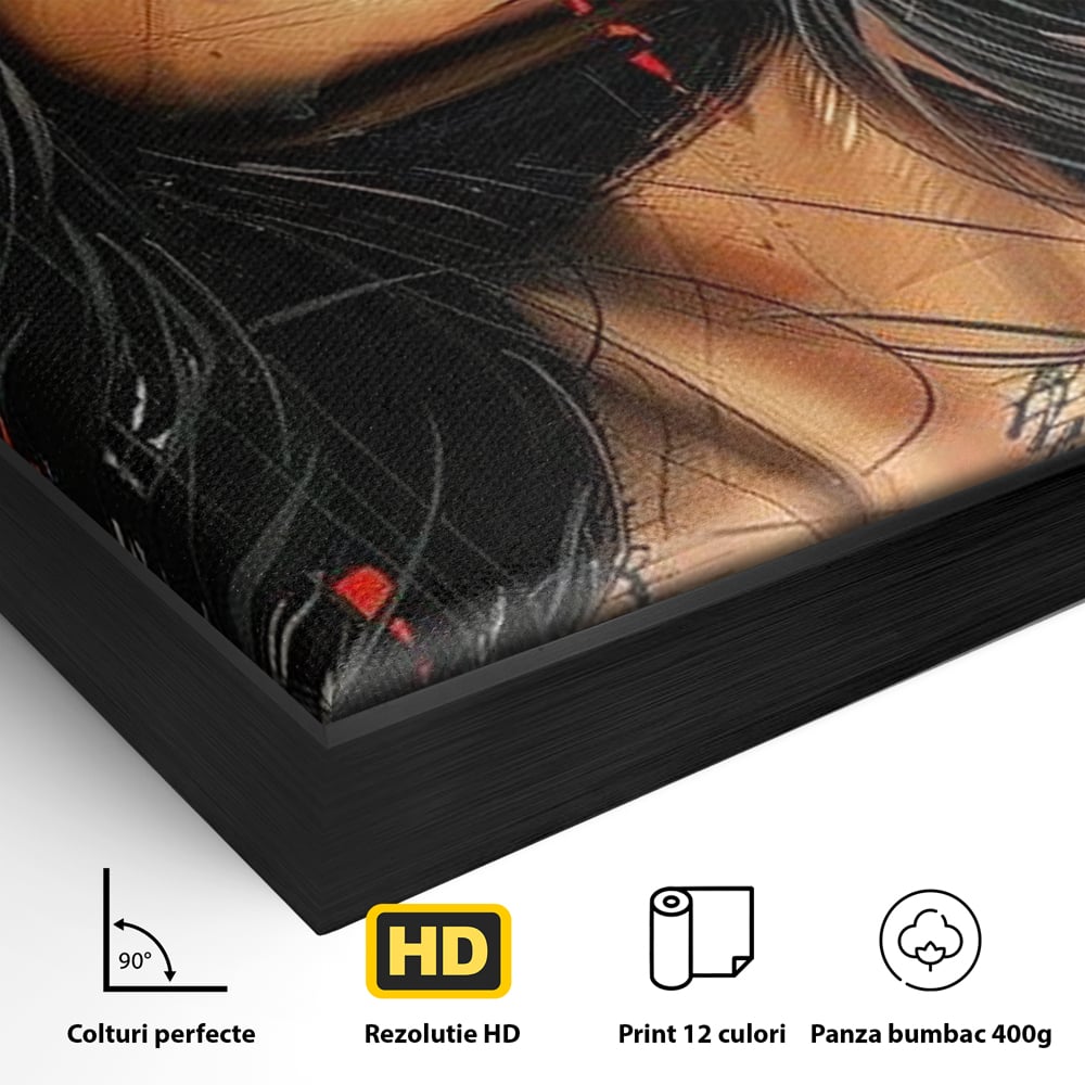 Detaliu al suprafetei: tablou canvas cu portret stilizat de femeie, in rama de aluminiu negru