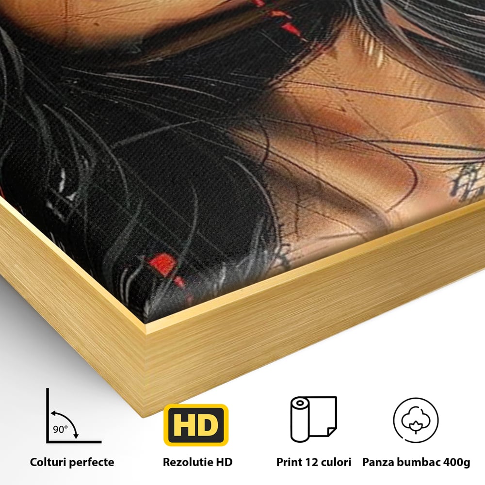 Detaliu al suprafetei: tablou canvas cu portret stilizat de femeie, in rama de aluminiu auriu