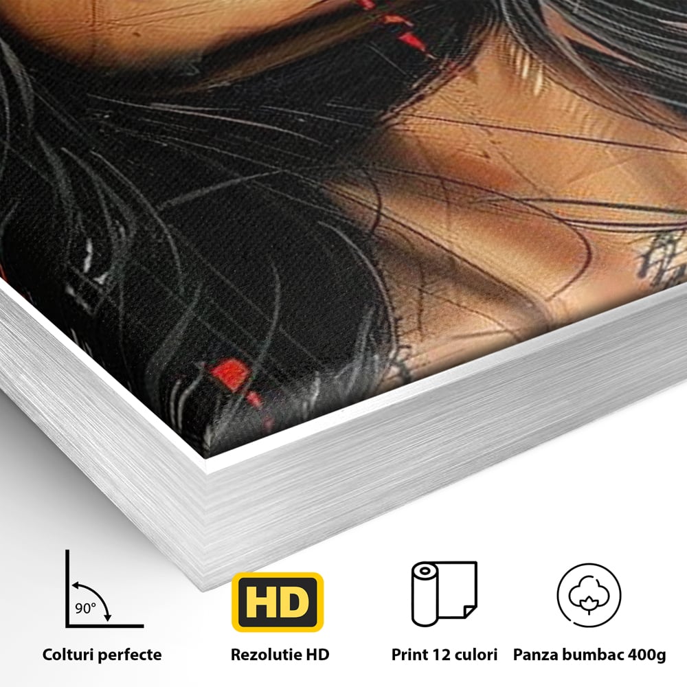 Detaliu al suprafetei: tablou canvas cu portret stilizat de femeie, in rama de aluminiu argintiu