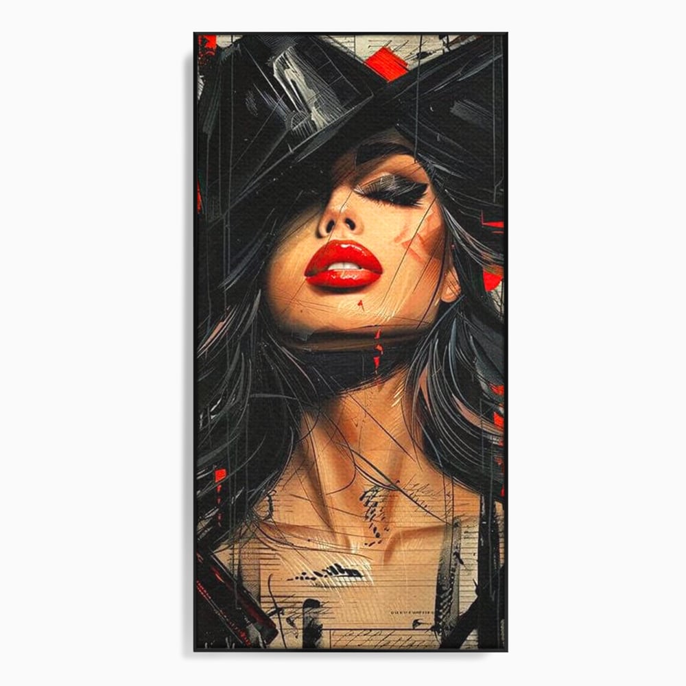 Tablou canvas cu tablou canvas cu portret stilizat de femeie, in rama de aluminiu negru