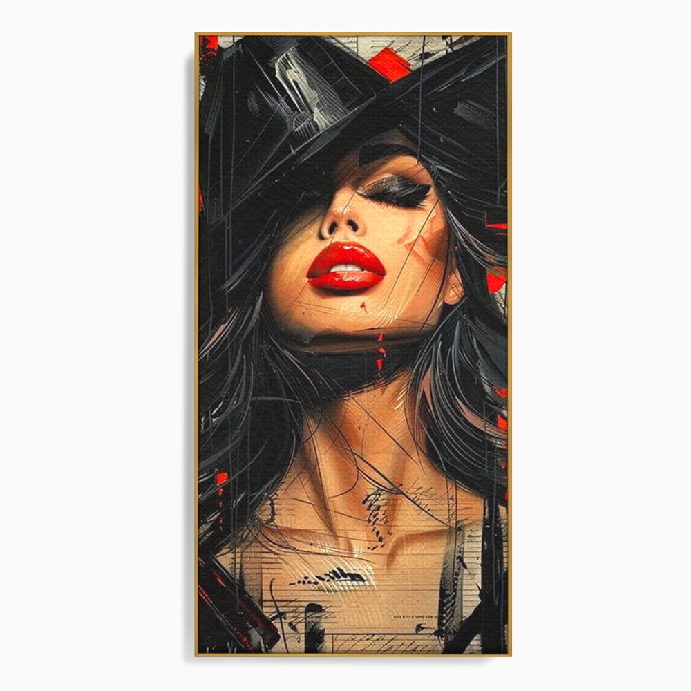 Tablou canvas cu tablou canvas cu portret stilizat de femeie, in rama de aluminiu auriu