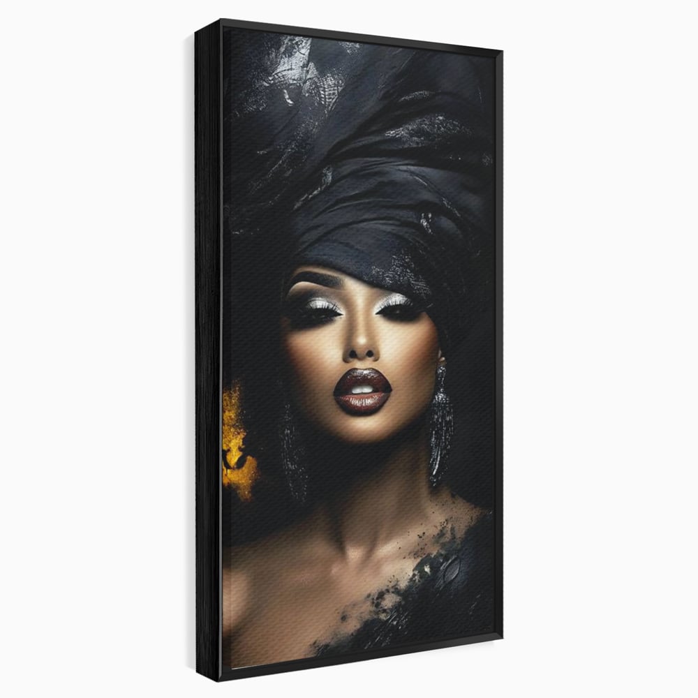 Tablou canvas cu tablou canvas cu portret de femeie, in rama de aluminiu negru