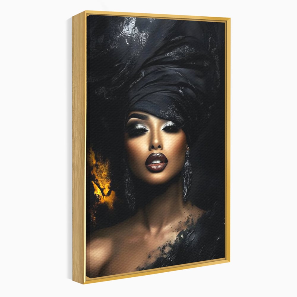 Tablou canvas cu tablou canvas cu portret de femeie, in rama de aluminiu auriu