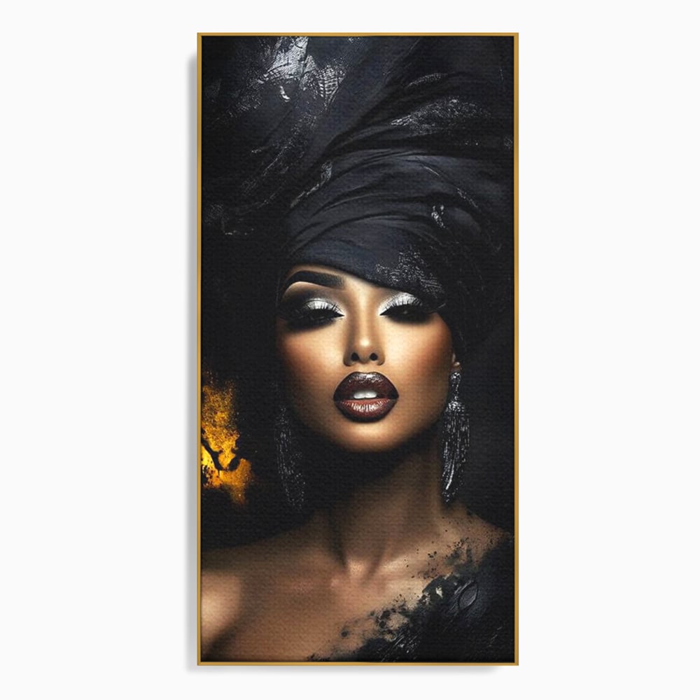 Tablou canvas cu tablou canvas cu portret de femeie, in rama de aluminiu auriu