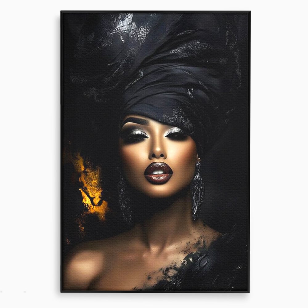 Tablou canvas cu tablou canvas cu portret de femeie, in rama de aluminiu negru