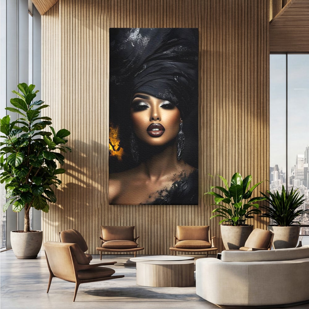 Tablou canvas cu tablou canvas cu portret de femeie, fara rama, pe sasiu de lemn, pe perete intr-un birou