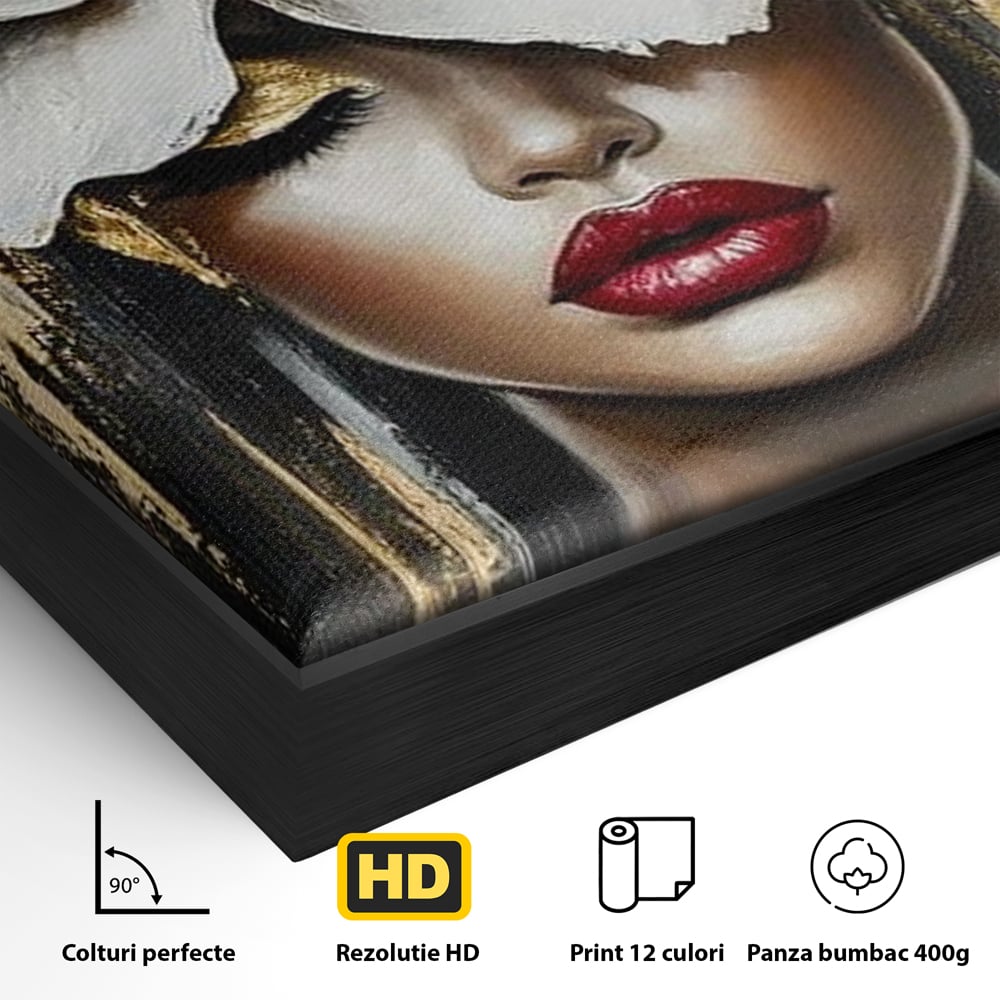 Detaliu al suprafetei: tablou canvas cu portret de femeie si floare, in rama de aluminiu negru