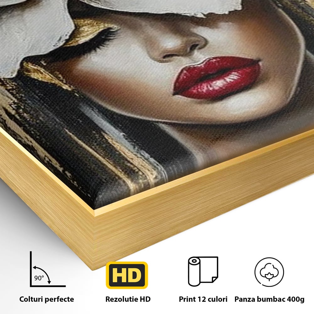 Detaliu al suprafetei: tablou canvas cu portret de femeie si floare, in rama de aluminiu auriu