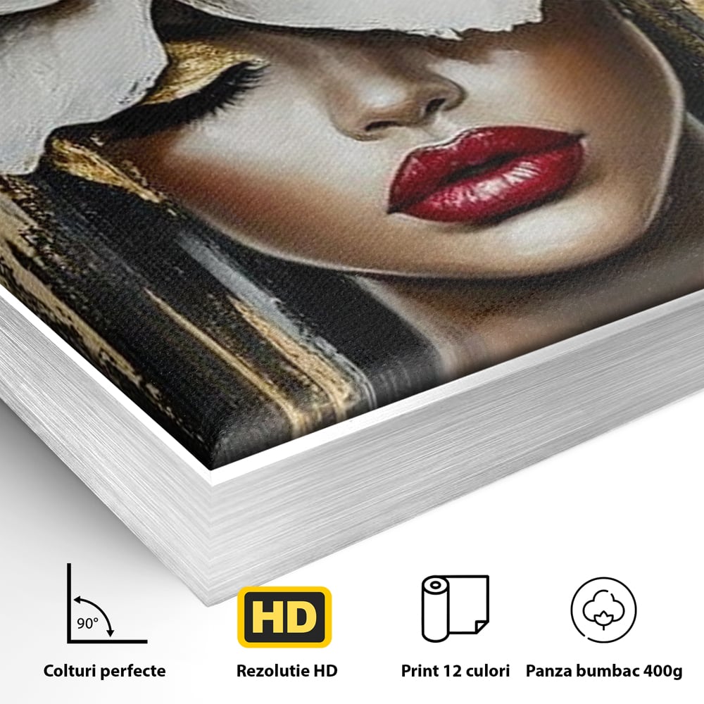 Detaliu al suprafetei: tablou canvas cu portret de femeie si floare, in rama de aluminiu argintiu