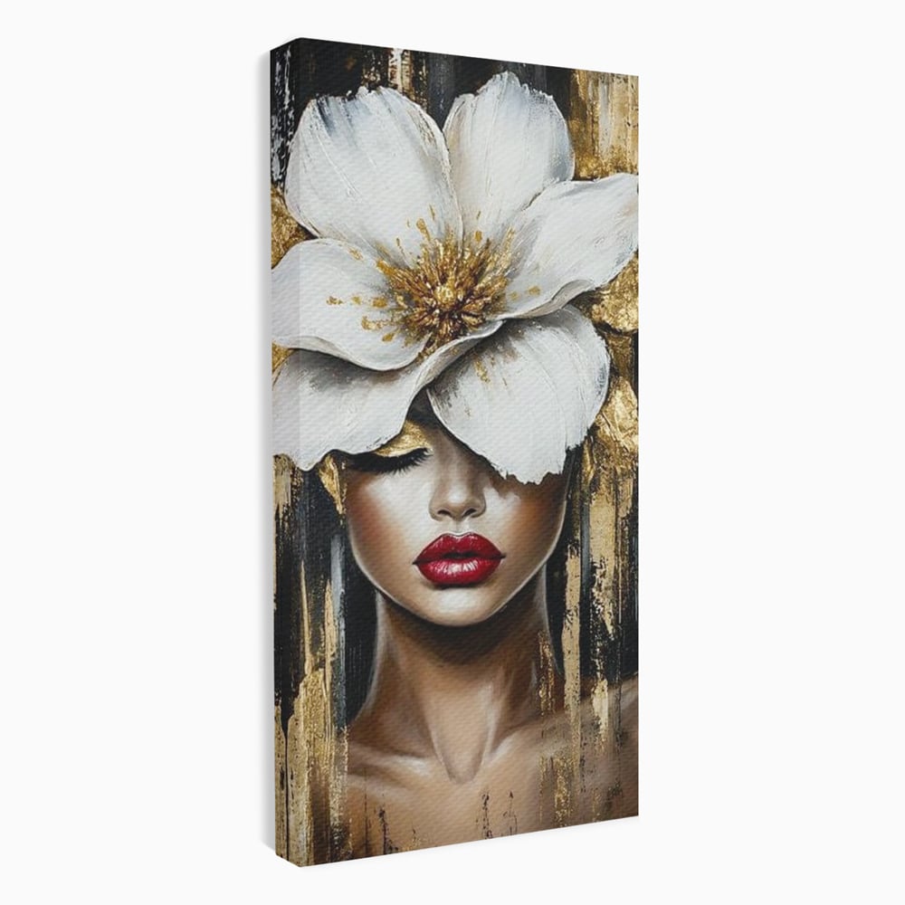 Tablou canvas cu tablou canvas cu portret de femeie si floare, fara rama, pe sasiu de lemn