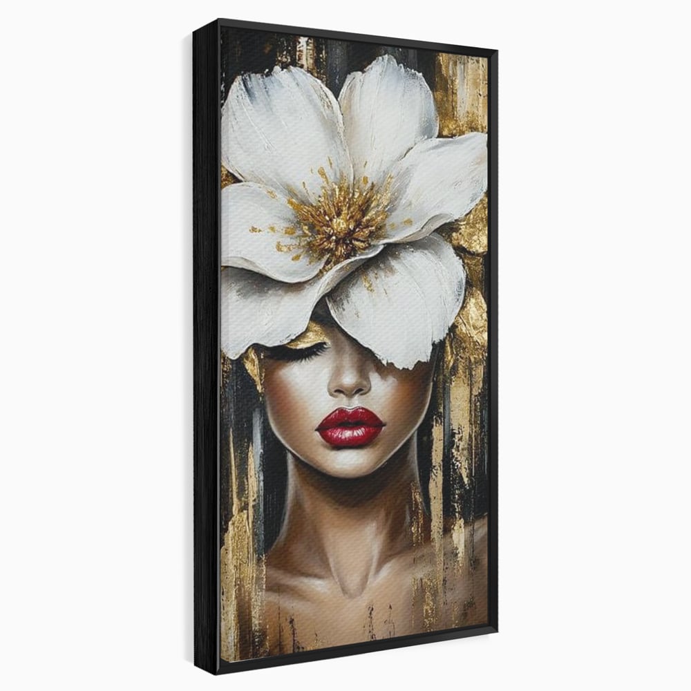 Tablou canvas cu tablou canvas cu portret de femeie si floare, in rama de aluminiu negru
