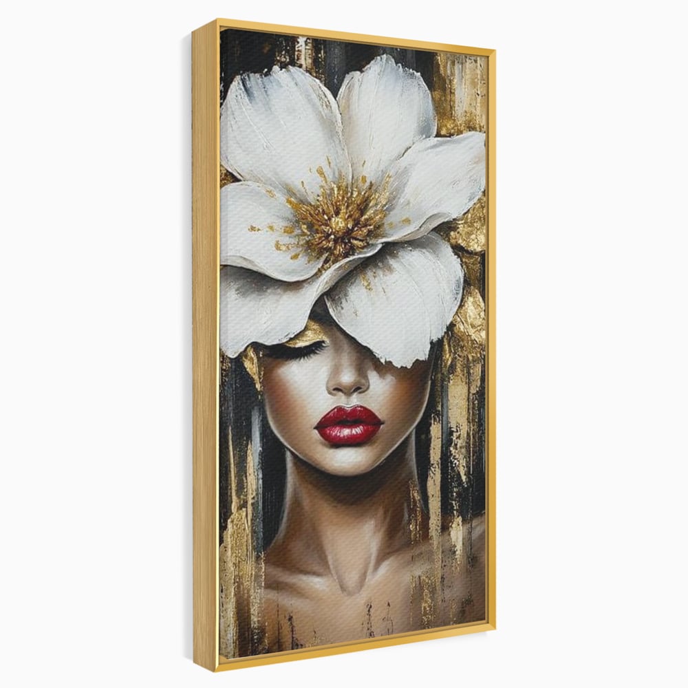 Tablou canvas cu tablou canvas cu portret de femeie si floare, in rama de aluminiu auriu