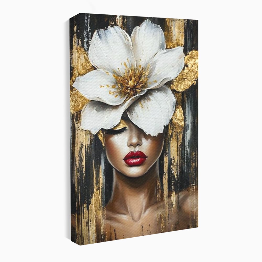 Tablou canvas cu tablou canvas cu portret de femeie si floare, fara rama, pe sasiu de lemn