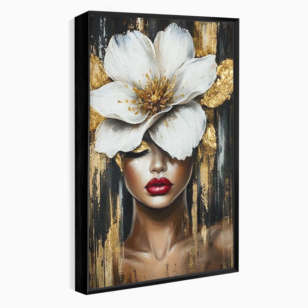 Tablou canvas cu tablou canvas cu portret de femeie si floare, in rama de aluminiu negru