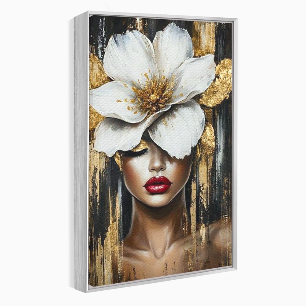 Tablou canvas cu tablou canvas cu portret de femeie si floare, in rama de aluminiu argintiu