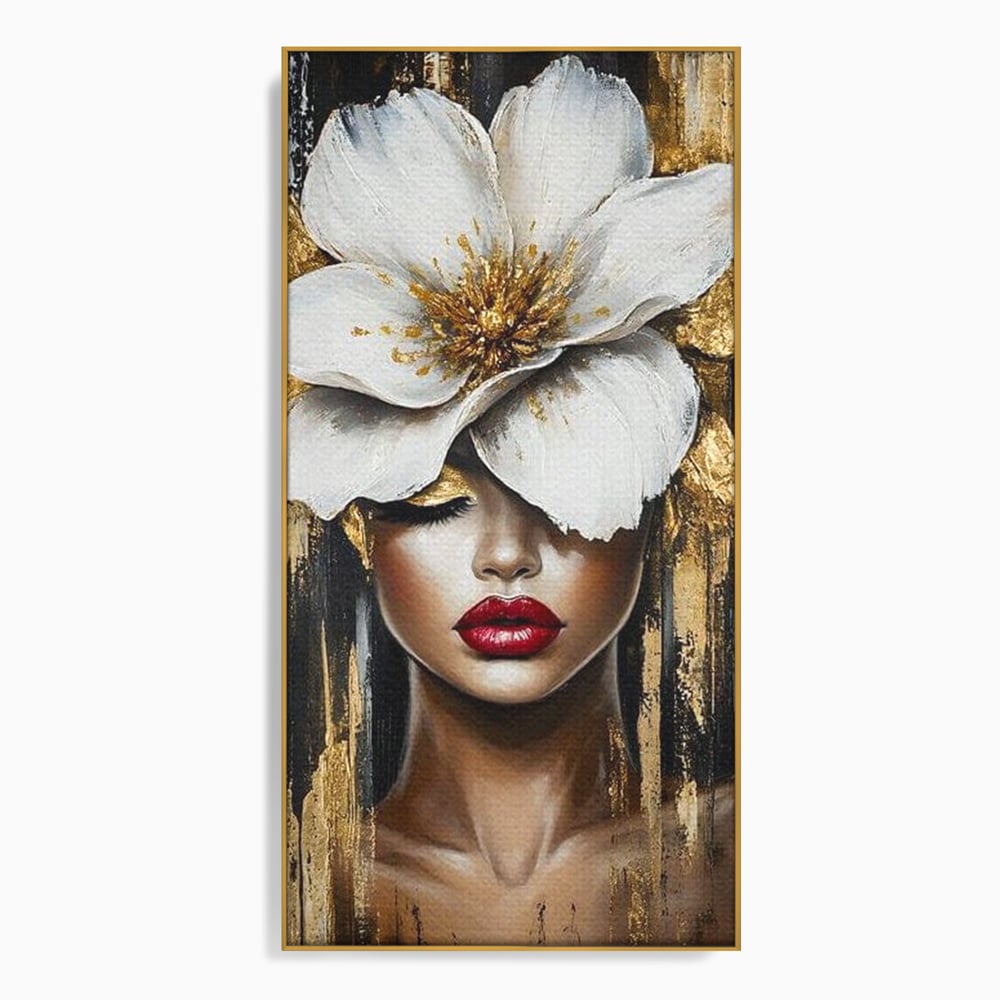 Tablou canvas cu tablou canvas cu portret de femeie si floare, in rama de aluminiu auriu