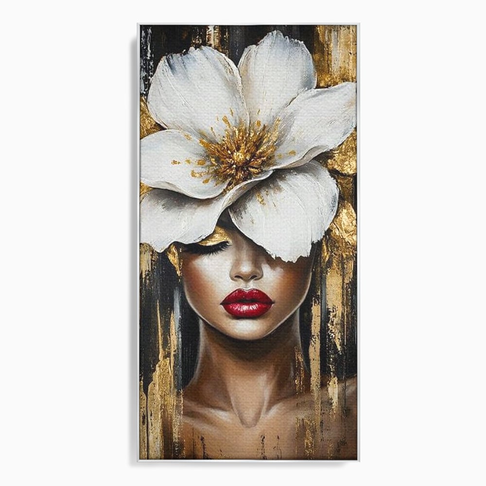 Tablou canvas cu tablou canvas cu portret de femeie si floare, in rama de aluminiu argintiu