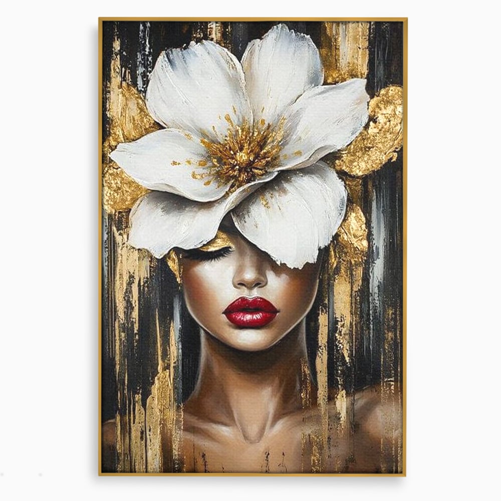 Tablou canvas cu tablou canvas cu portret de femeie si floare, in rama de aluminiu auriu