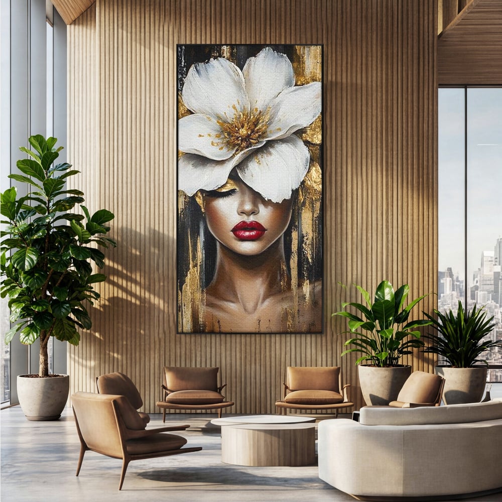 Tablou canvas cu tablou canvas cu portret de femeie si floare, in rama de aluminiu negru, pe perete intr-un birou