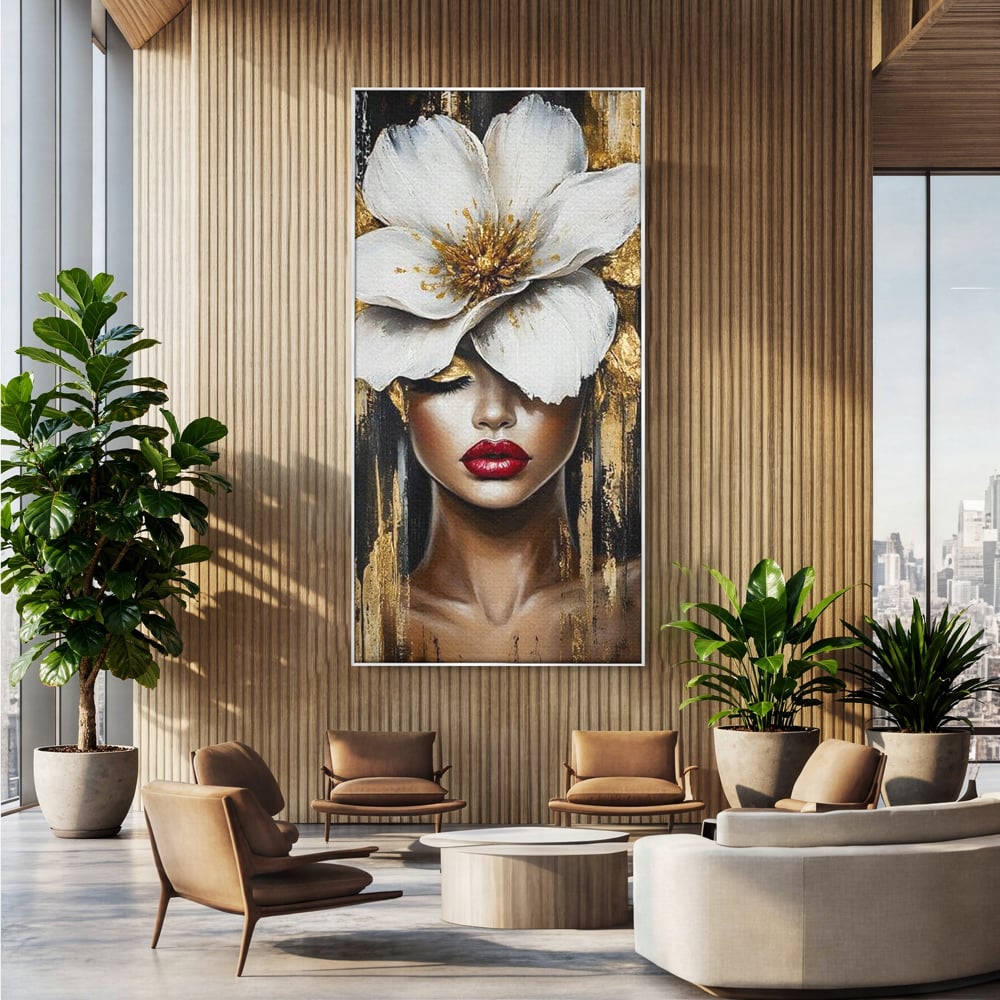 Tablou canvas cu tablou canvas cu portret de femeie si floare, in rama de aluminiu argintiu, pe perete intr-un birou