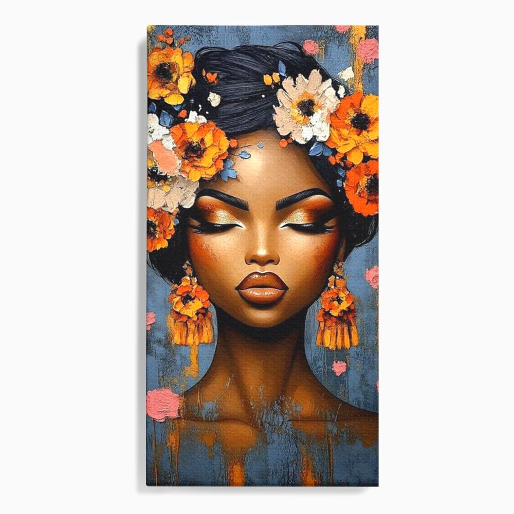 Tablou canvas cu tablou canvas cu portret de femeie si flori, fara rama, pe sasiu de lemn