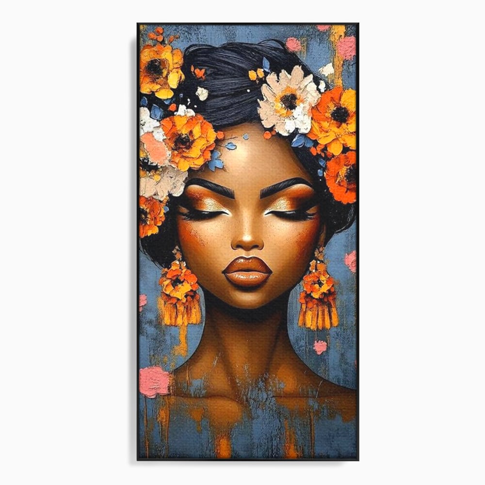Tablou canvas cu tablou canvas cu portret de femeie si flori, in rama de aluminiu negru