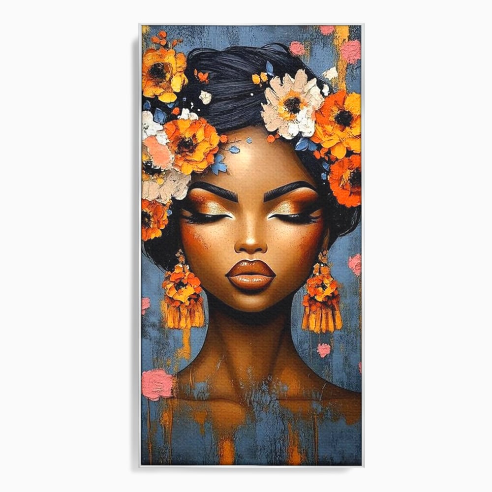 Tablou canvas cu tablou canvas cu portret de femeie si flori, in rama de aluminiu argintiu