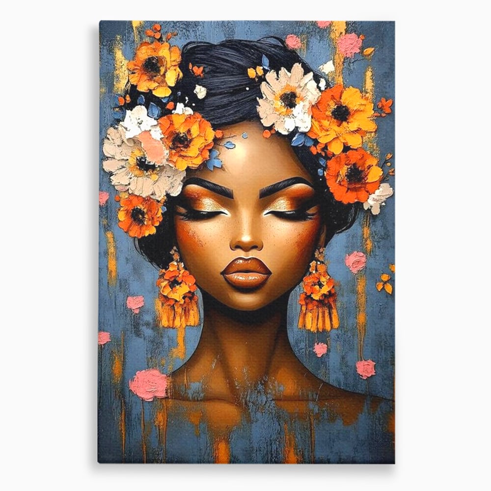 Tablou canvas cu tablou canvas cu portret de femeie si flori, fara rama, pe sasiu de lemn