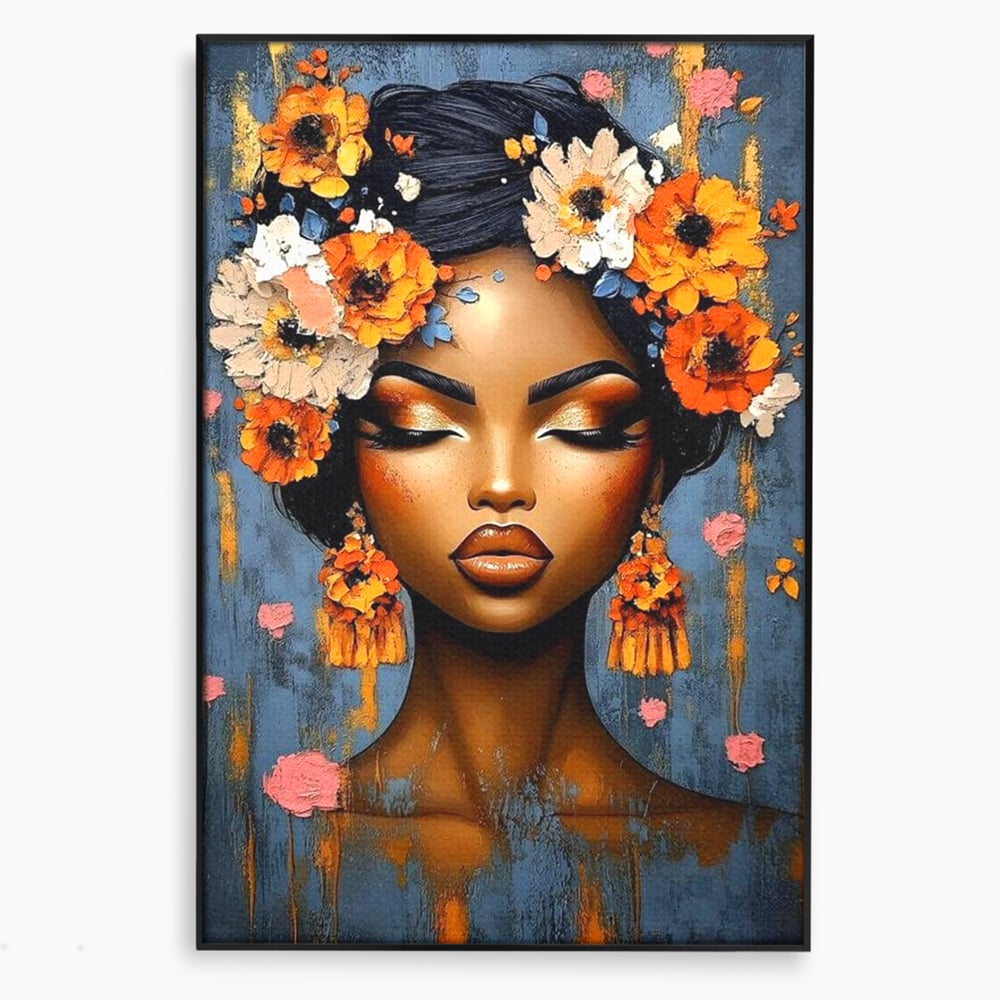 Tablou canvas cu tablou canvas cu portret de femeie si flori, in rama de aluminiu negru