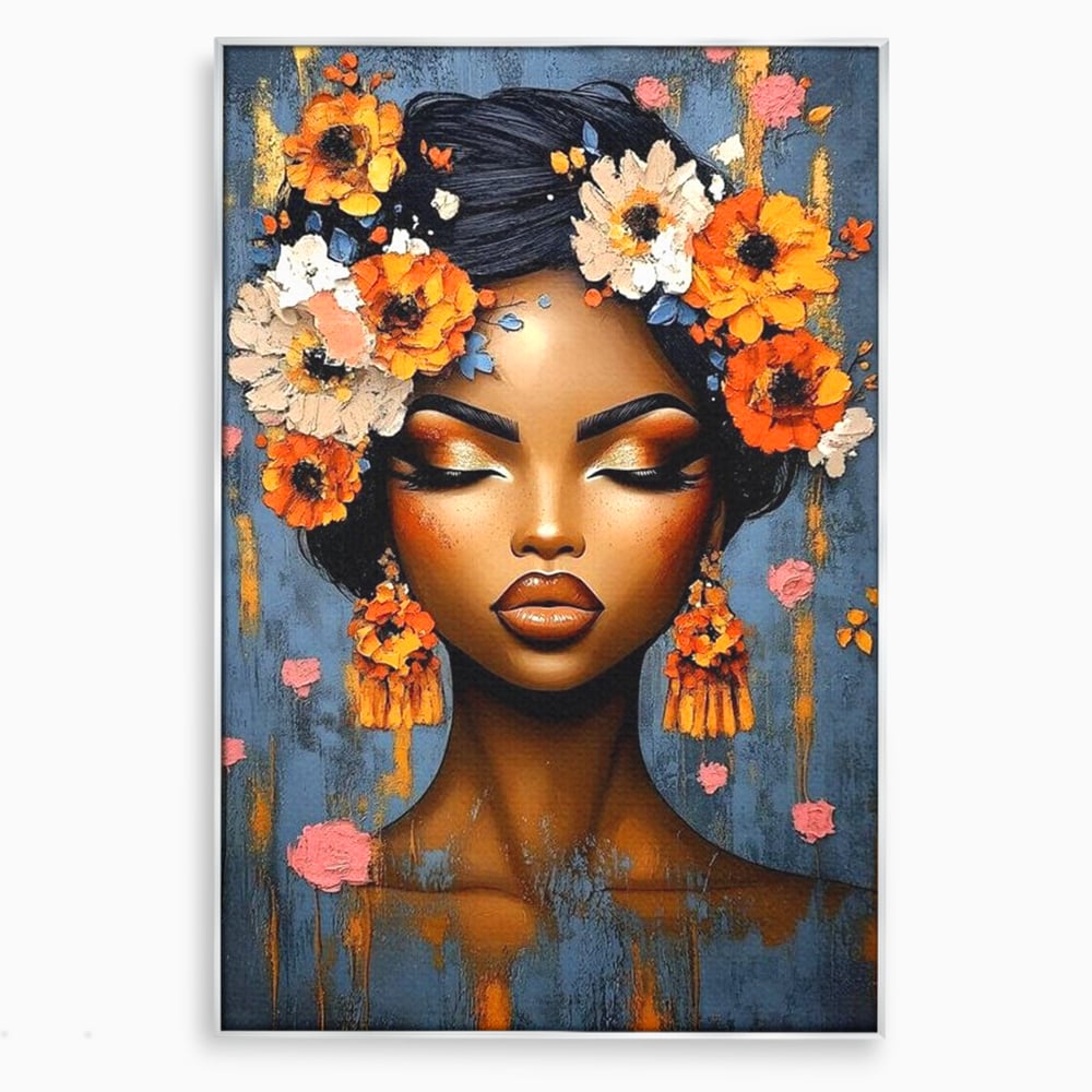 Tablou canvas cu tablou canvas cu portret de femeie si flori, in rama de aluminiu argintiu