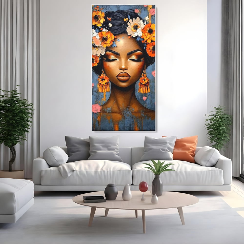 Tablou canvas cu tablou canvas cu portret de femeie si flori, in rama de aluminiu argintiu, pe perete intr-un living