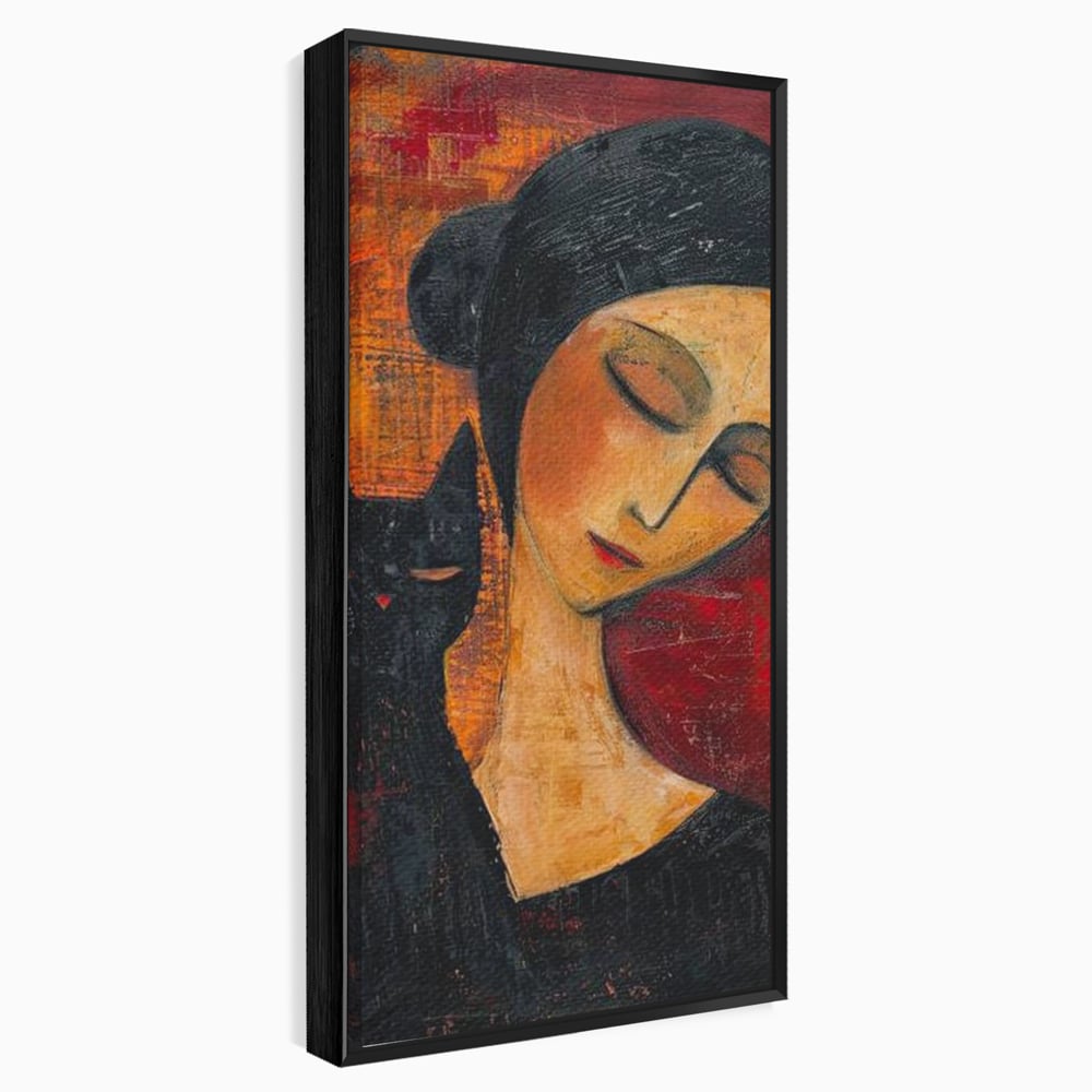 Tablou canvas cu pictura cu femeie si pisica neagra, in rama de aluminiu negru