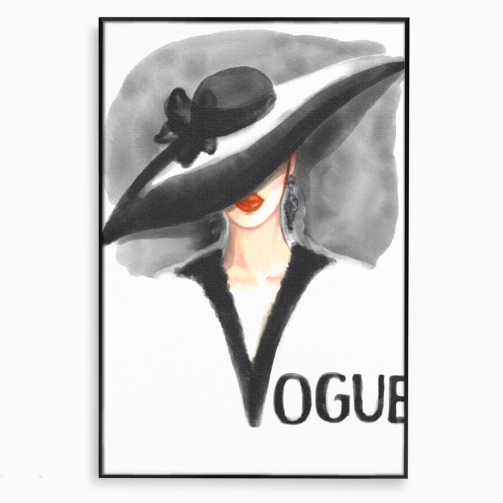 Tablou canvas cu ilustratie cu femeie purtand palarie, in rama de aluminiu negru