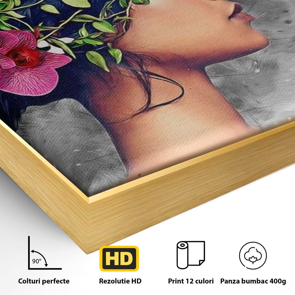 Detaliu al suprafetei: tablou canvas cu portret de femeie si colibri, in rama de aluminiu auriu